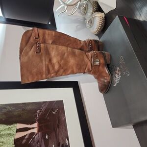 Vince Camuto Boots, brown knee-high w/hardware, edgy! Size 8M/38.